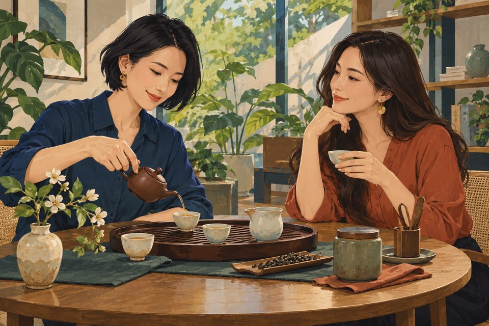 现代平涂风格的茶会场景插画，人物围坐交流