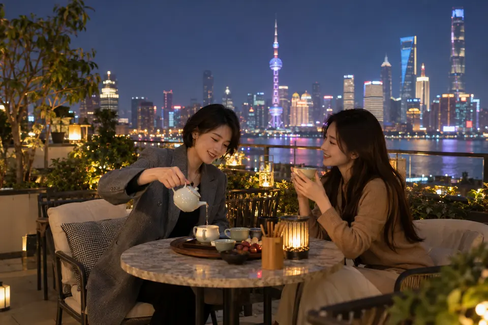 屋顶露台夜茶交流，朋友之间倒茶