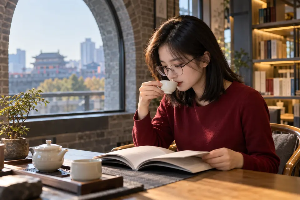 城市书房里品茶阅读，桌上有白瓷杯与记录本