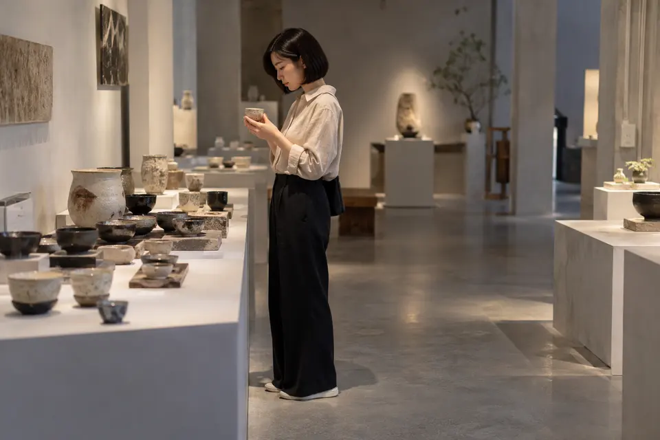 茶器展览现场，年轻女性在陶瓷茶器前品饮交流