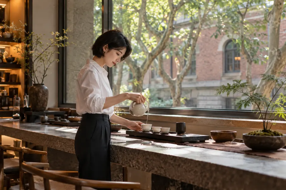 都市街区茶室中，白瓷茶具与倒茶动作