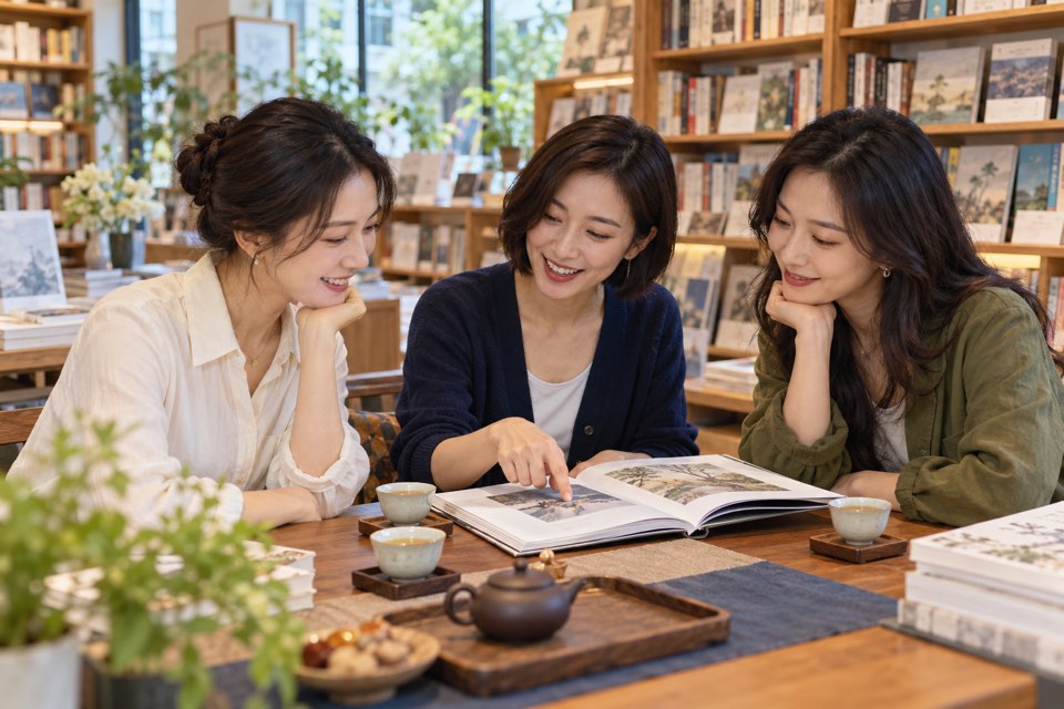 书店内茶友围坐交流，桌上有书与茶具